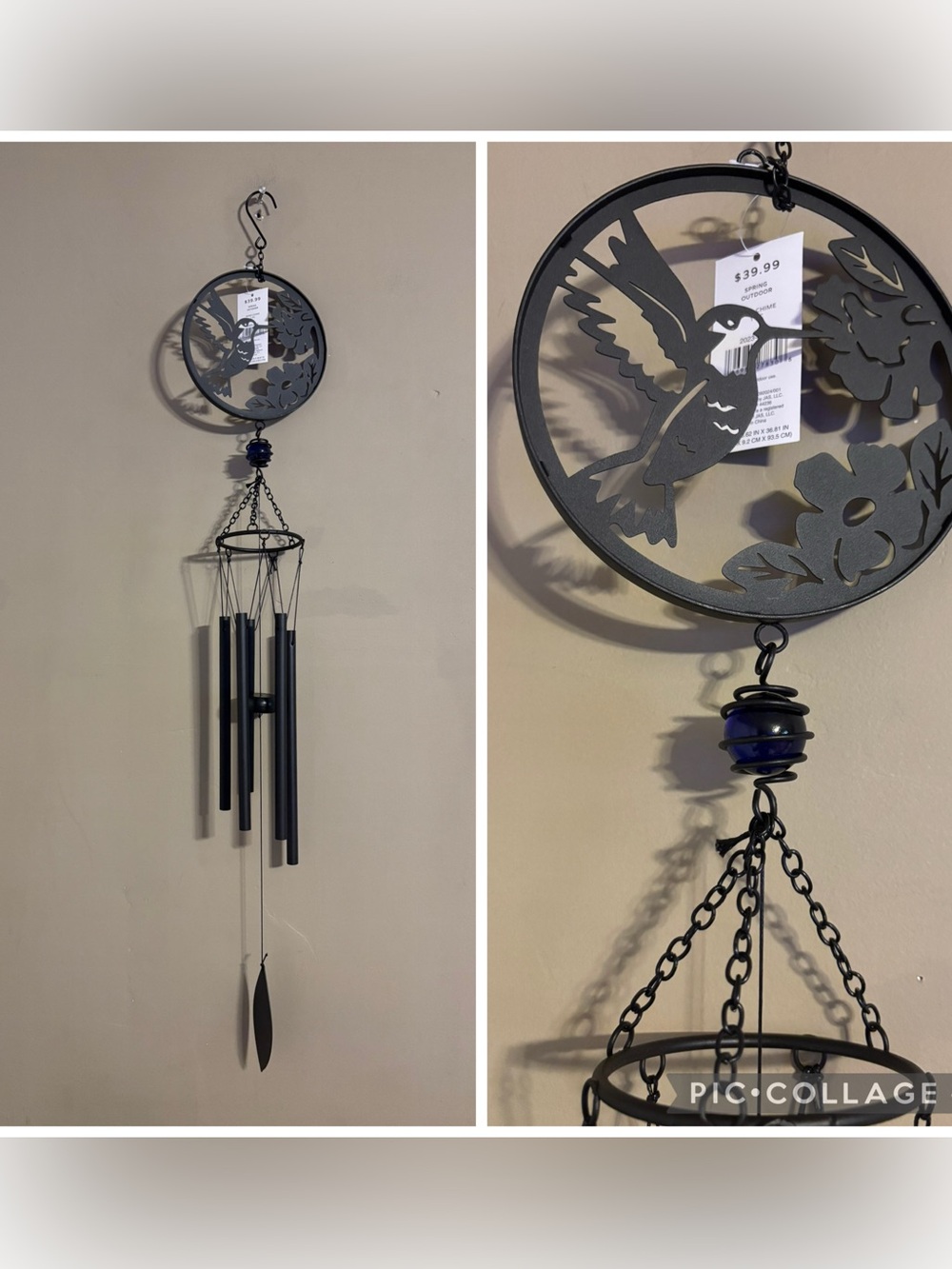New Outdoor Metal Hummingbird Wind Chime - Black w/ Blue Glass Ball, 40” long